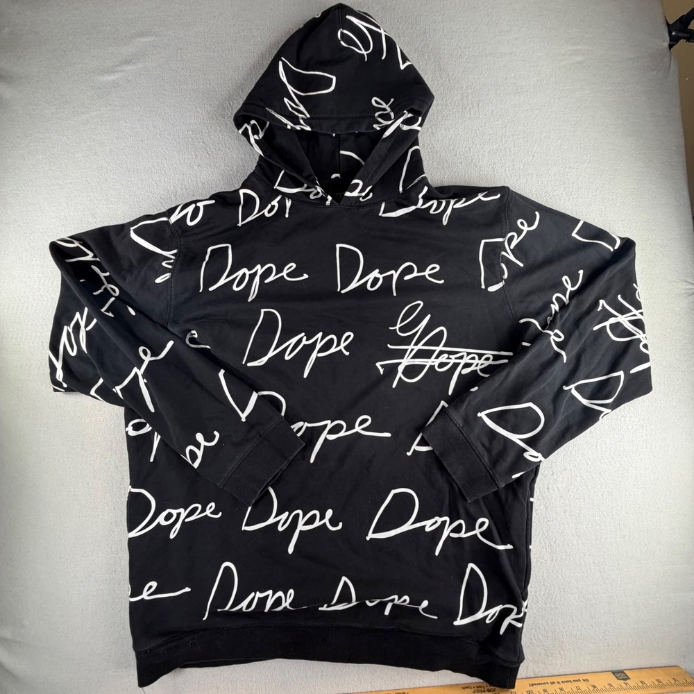 DOPE Men's XXXL Black White Script All Over Print Hoodie 100% Cotton Streetwear